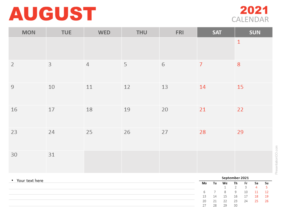 2021年8月日历模板（适用于PowerPoint和Google Slides）