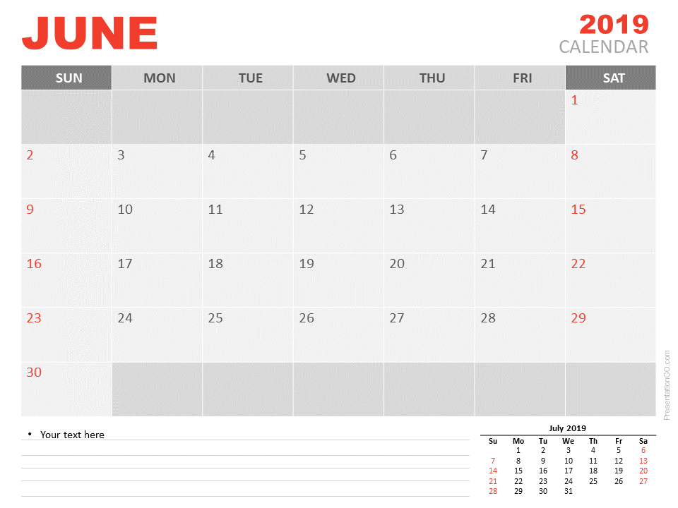 2019年6月日历PowerPoint