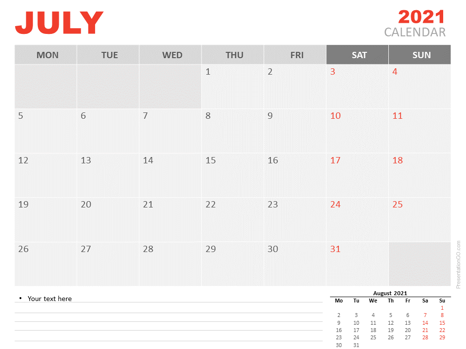 2021年7月日历（适用于PowerPoint和Google Slides）