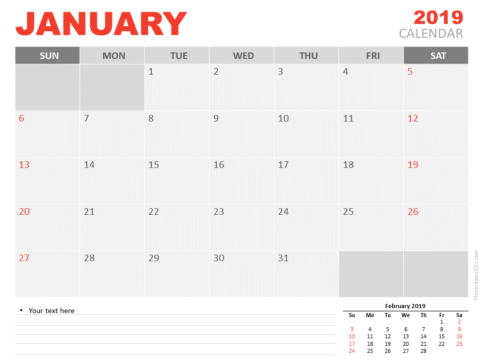 2019年1月日历PowerPoint