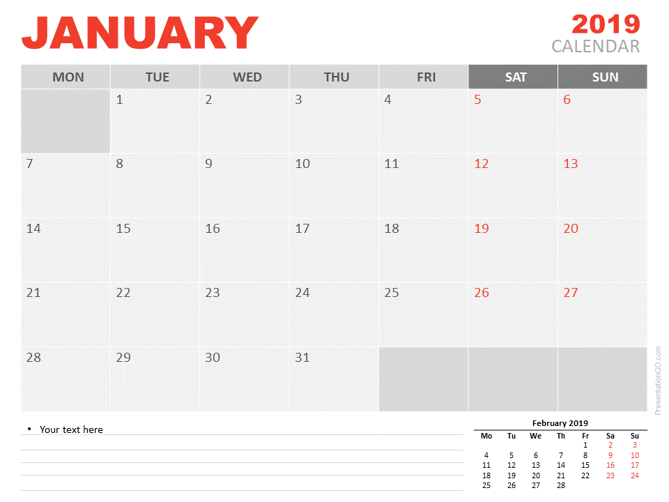2019年1月日历PowerPoint