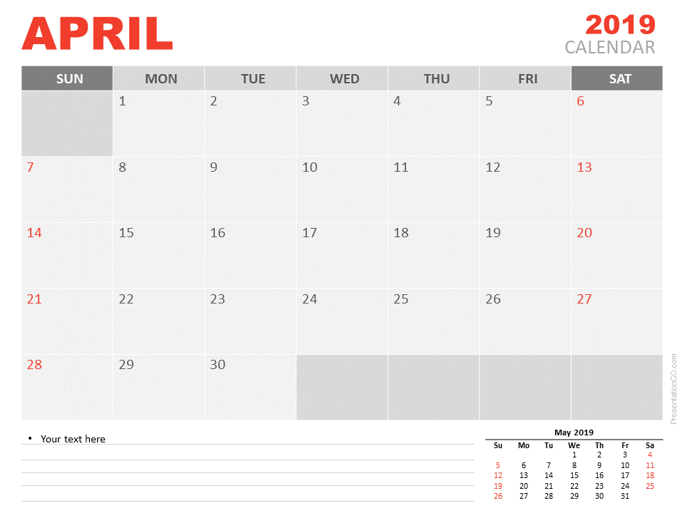 2019年4月日历PowerPoint