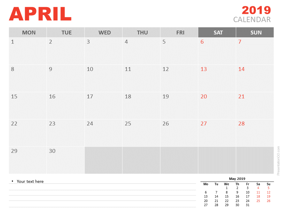 2019年4月日历PowerPoint