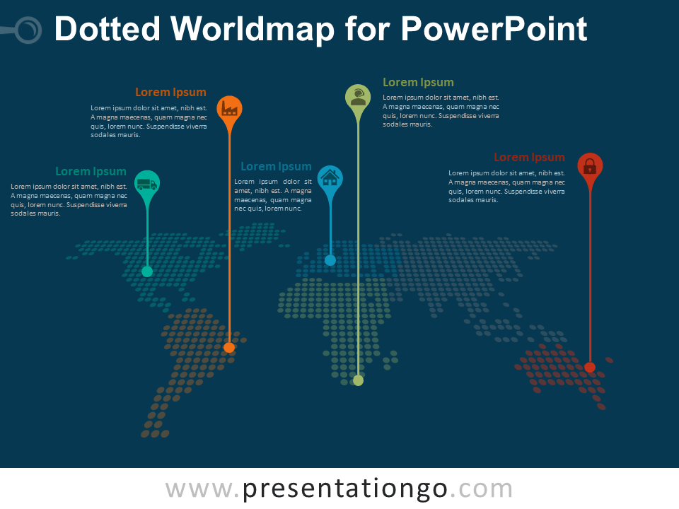 虚线Worldmap w /针PowerPoint