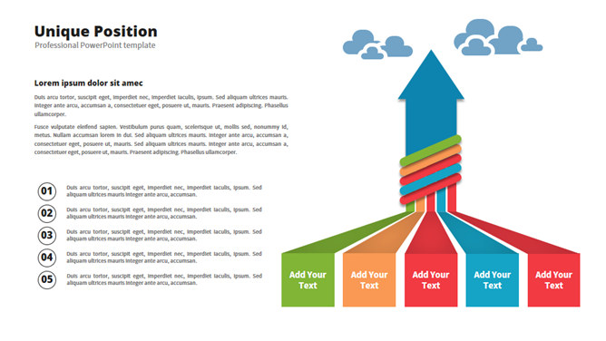 五项并列上升箭头PPT图示