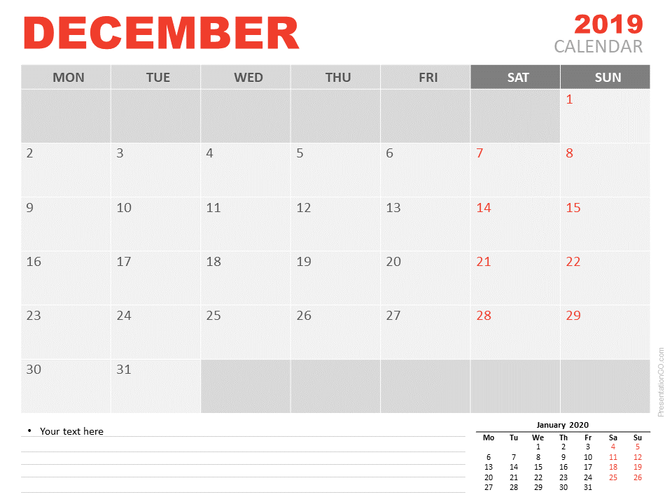 2019年12月日历