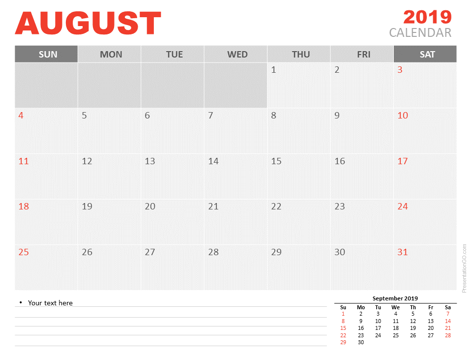 2019年8月日历