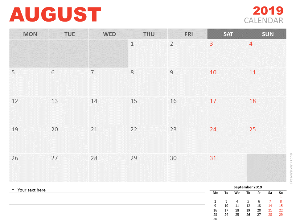 2019年8月日历