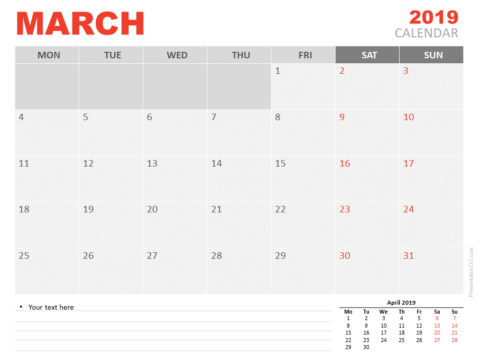 2019年3月日历PowerPoint